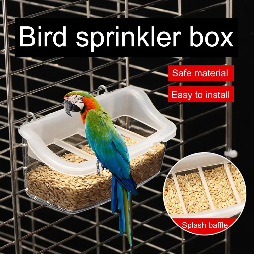 Easy Feeding Bird Cage Accessory Bird Food Box Transparent Hanging Bird Feeder with Anti-splash Grid for Cage Parrot Aviary