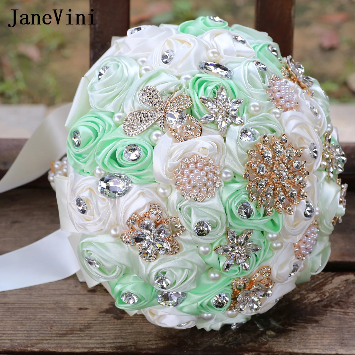 JaneVini Luxurious Crystal Gemstones Mint Green Bridal Bouquet Sparkly Jewelry Pearls Artificial Roses Flowers Wedding Bouquets