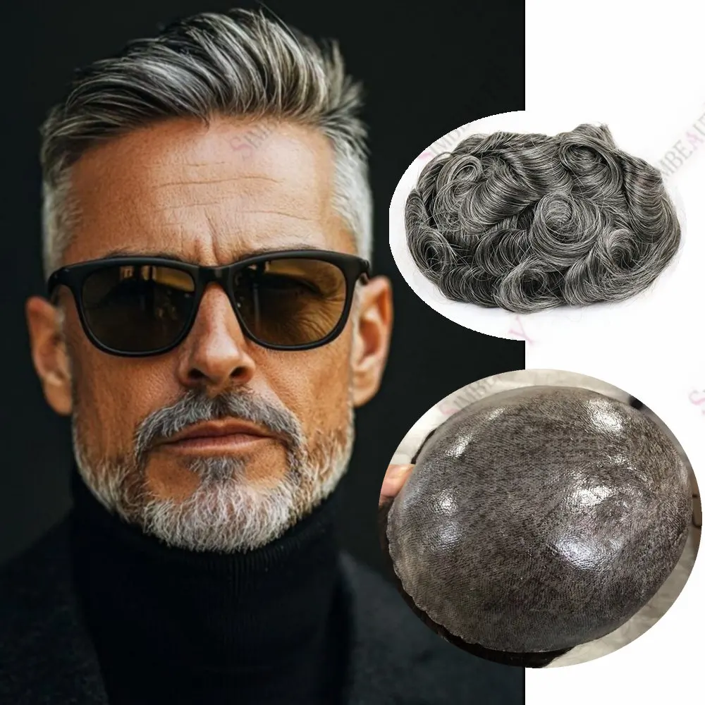 1B40Peluca de cabello masculino gris y negro, peluquín de piel de inyección de 0,1mm, peluca duradera para hombres, sistema de cabello humano, prótesis capilares