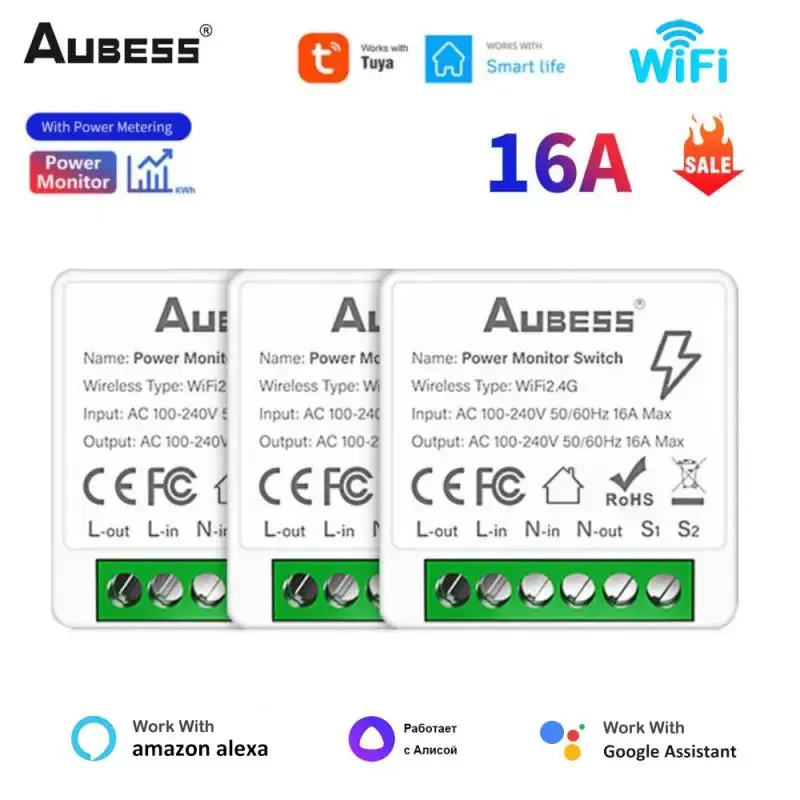 AUBESS Tuya WiFi MiNi Smart Switch With Energy Monitor DIY 16A 2-way Control Timer Wireless Switch Work With Alexa Google Home