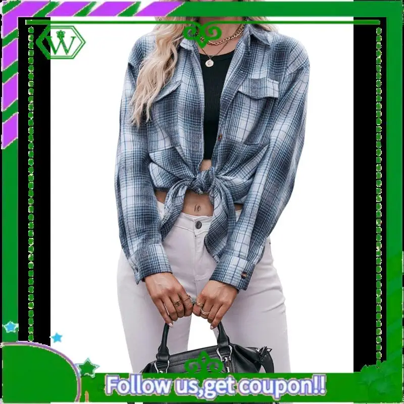 A18P-Damen-Flanell-Karohemd mit Knopfleiste, übergroßes, langärmliges, kurzärmliges Jackenoberteil