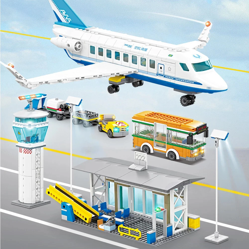 

Ideas City Airport Civil Airplane Station Shuttle Bus Control Tower Building Blocks Airliner Model Bricks Toys For Boy Gifts