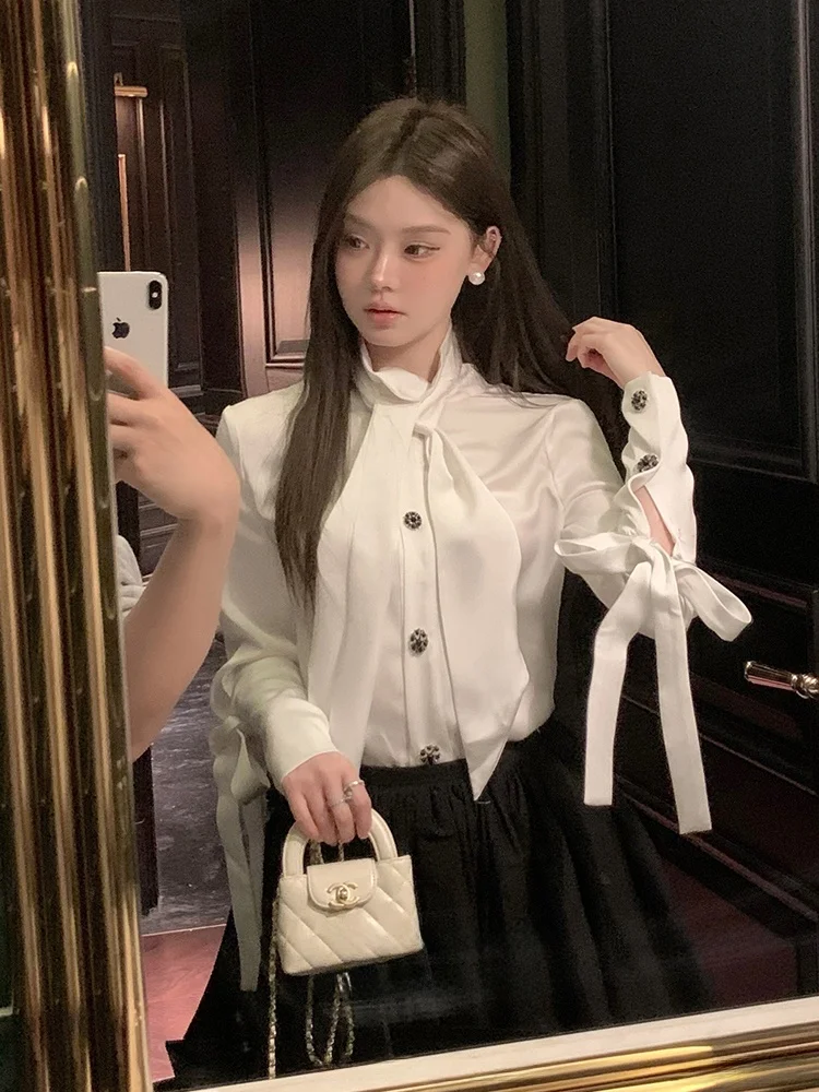 

FanyFloss Satin ine Bell Sve irt с галстуком-бабочкой, ажурные бусины, украшение, французский стиль, облегающий длинный све irt