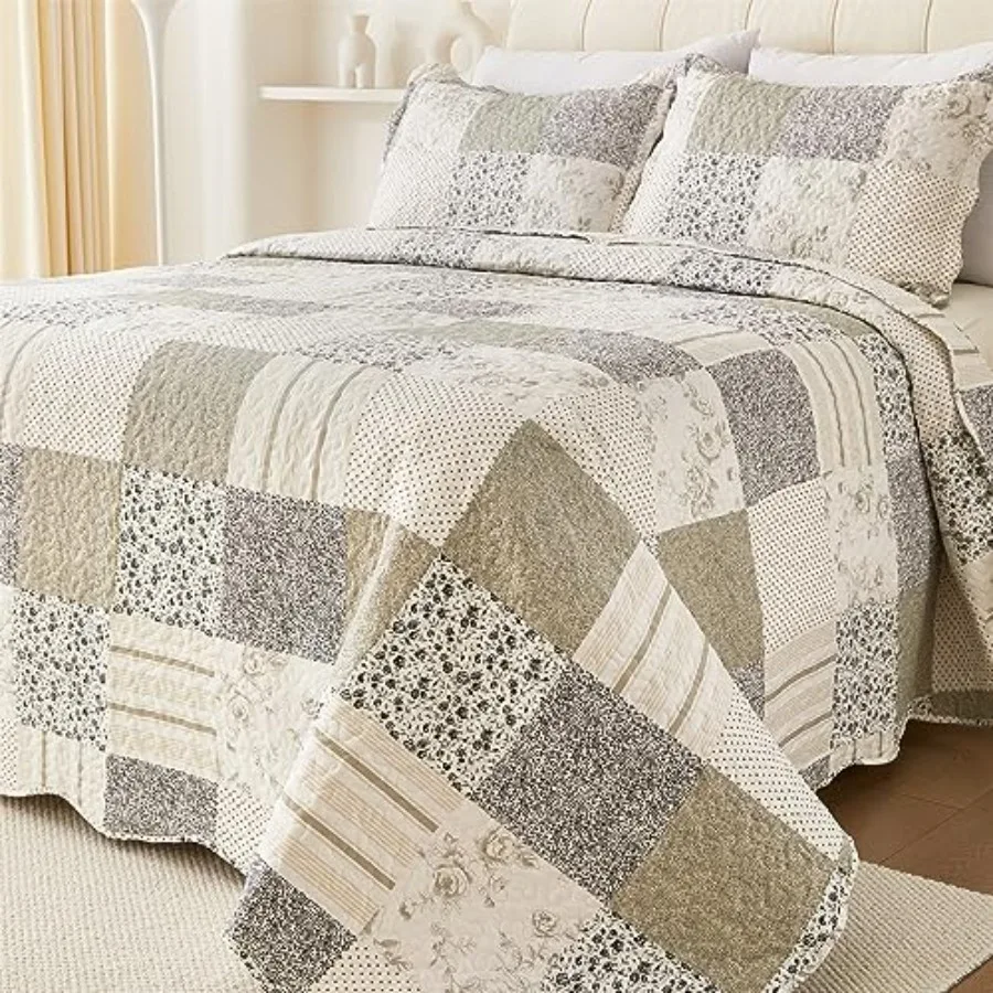 

Летний цветочный комплект покрывал Queen Grey Patchwork: двустороннее стеганое покрывало Queen с 2 наволочками, винтажное покрывало в стиле фермерского дома G