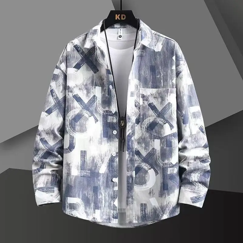 

New Long-sleeved Thin Shirt Jacket Men Loose Youth Student Fashion Printed Shirt Trend Shirts