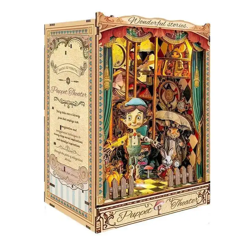 

DIY Wooden Book Nook Puppet Theater Bookend Figurines Miniatures Kits Handmade Bookshelf for Friends Gifts Home Decor Crafts