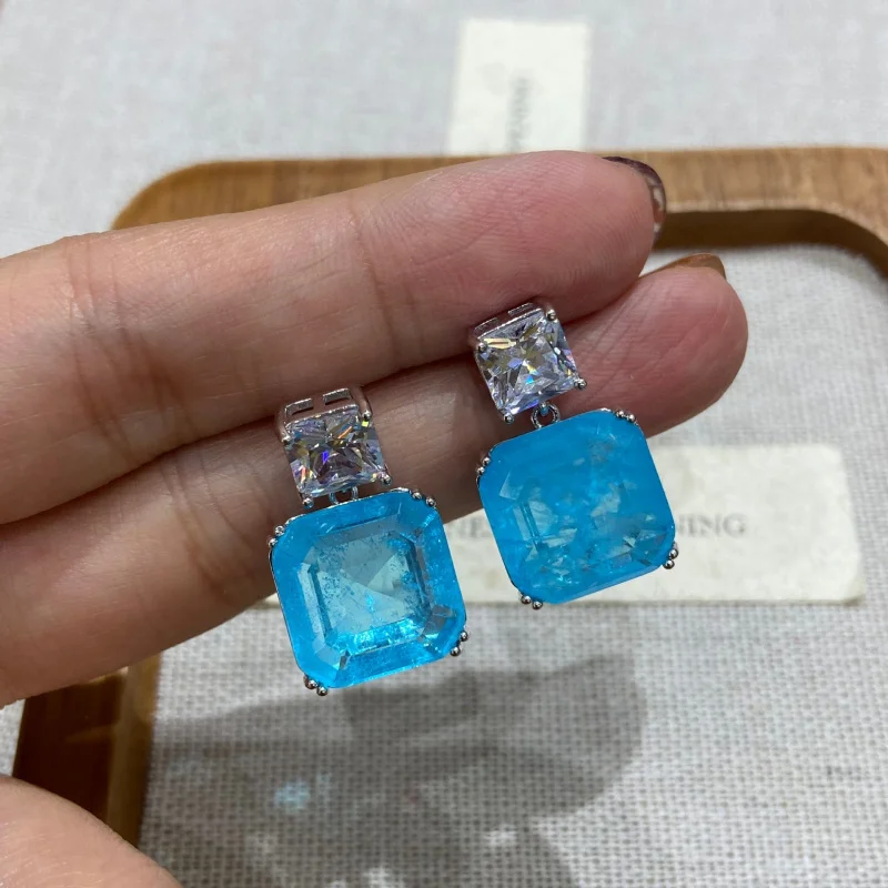Square Paraiba Blue Crystal Dangle Earrings Silver Tone Women Daily Statement Jewelry