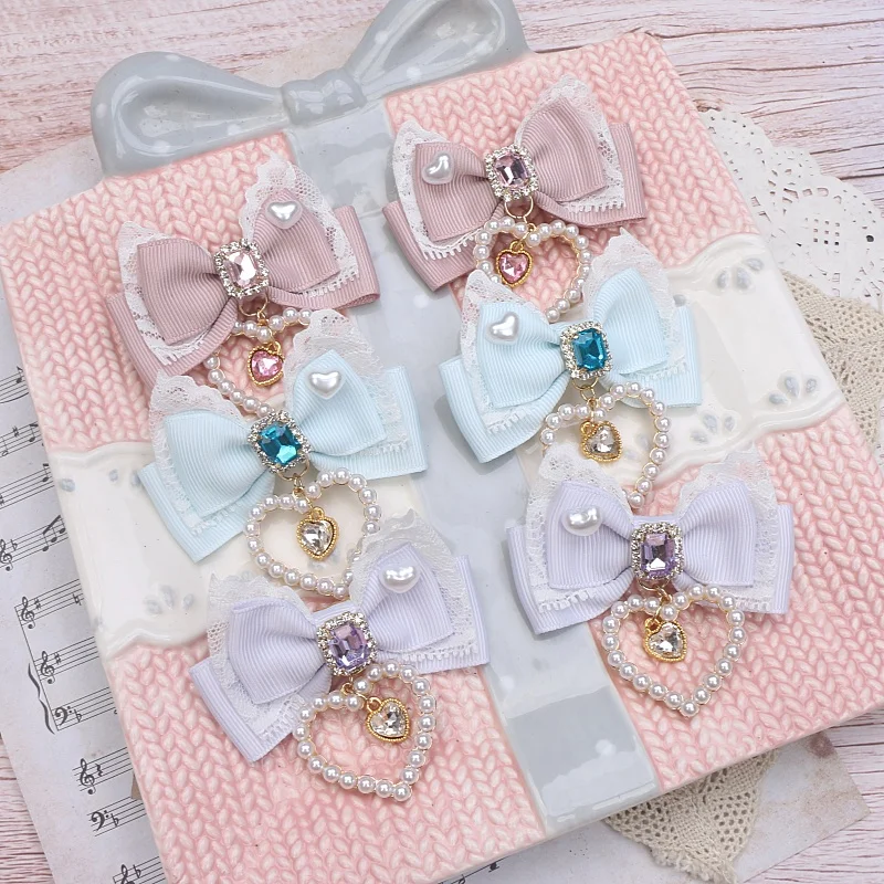 Handmade Japanese Mine Mass-Produced Headdress Lolita Girl Female Cute Bow Lace Pearl Heart Pendant Barrettes Side Clips