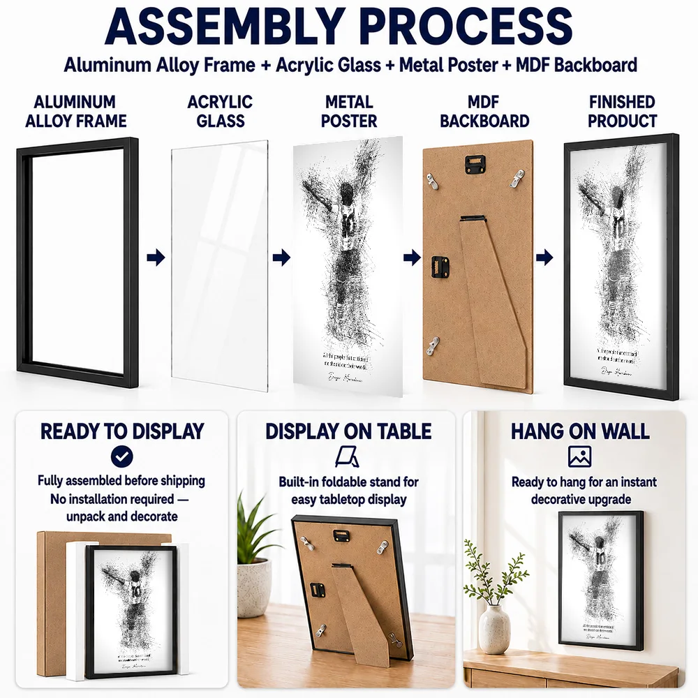 Maradona Argentina Metal Poster With Aluminum Alloy Frame Customized Sketch Drawing Wall Art For Sports Lounge And Home Office