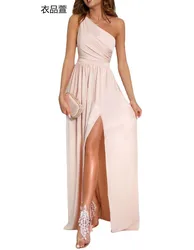 Women Elegant Luxury Dress Evening Party Prom Wedding Club Graduation Backless Sleeveless One Shoulder Maxi Dresses Sexy Vestido