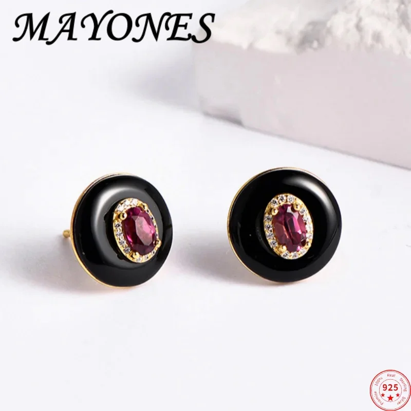 

S925 Sterling Silver Charms Studs Earrings for Women New Fashion Contrast Colored Agate Garnet Ear Studs Jewelry