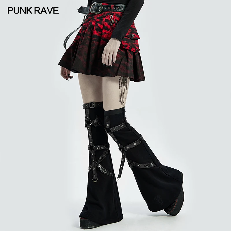 PUNK RAVE Women Punk Girls Flared Leg Sleeve Knitted Sweater Woven Flame Printed Knee  Little Bat Asymmetric Accessories