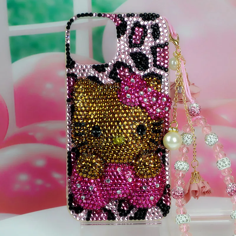 لطيف أبل جراب هاتف حجر الراين Y2K مرحبا كيتي آيفون 17 16 15 14Pro ماكس أنيمي ليوبارد طباعة الفتيات الراقي صديقة هدية