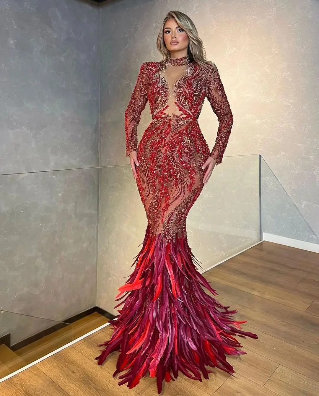 

Elegant Evening Dresses V Neck Long Sleeves Halter Sequins Pearls Lace Hollow Feather Beaded Appliques Prom Dresses Custom Made