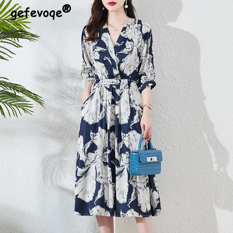 

Women's Vintage Print High Waist Lace Up Elegant Party Dresses Summer Fashion V Neck Half Sleeve Midi Dress Vestidos Para Mujer