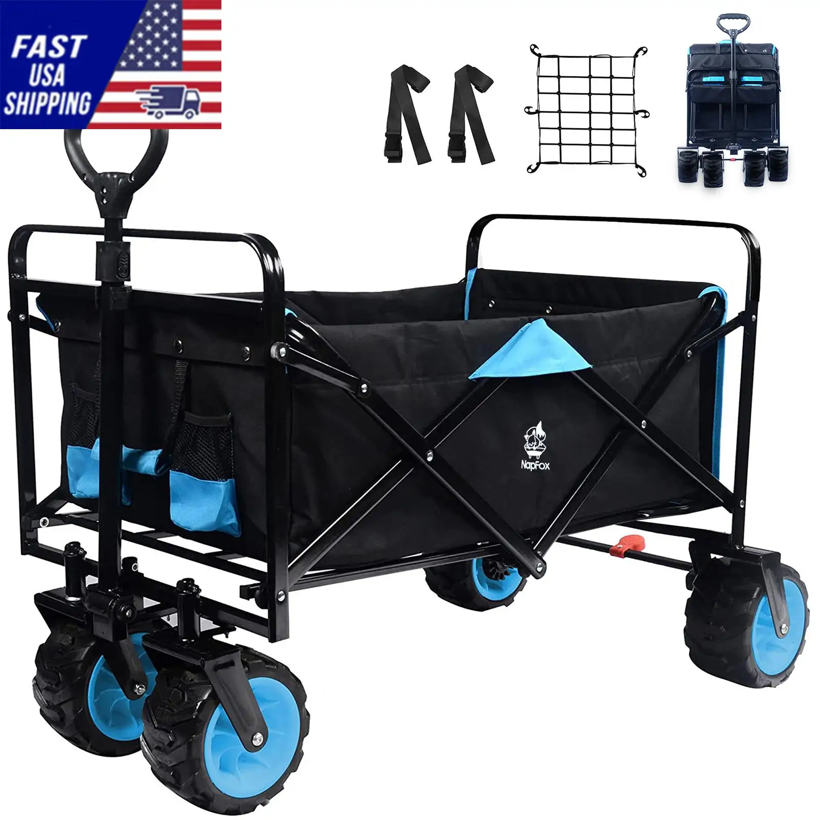 7’’ Big All-Terrain Wheels Wagon Cart Foldable Collapsible Wagon Cart with Wheels, Adjustable Handle, Beach Wagon for Camping