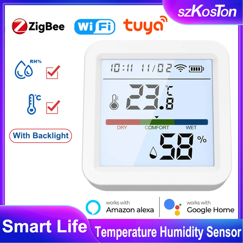 

Tuya Smart Life WiFi Zigbee Temperature Humidity Sensor Backlight Hygrometer Thermometer Sensor Works with Alexa Google Home