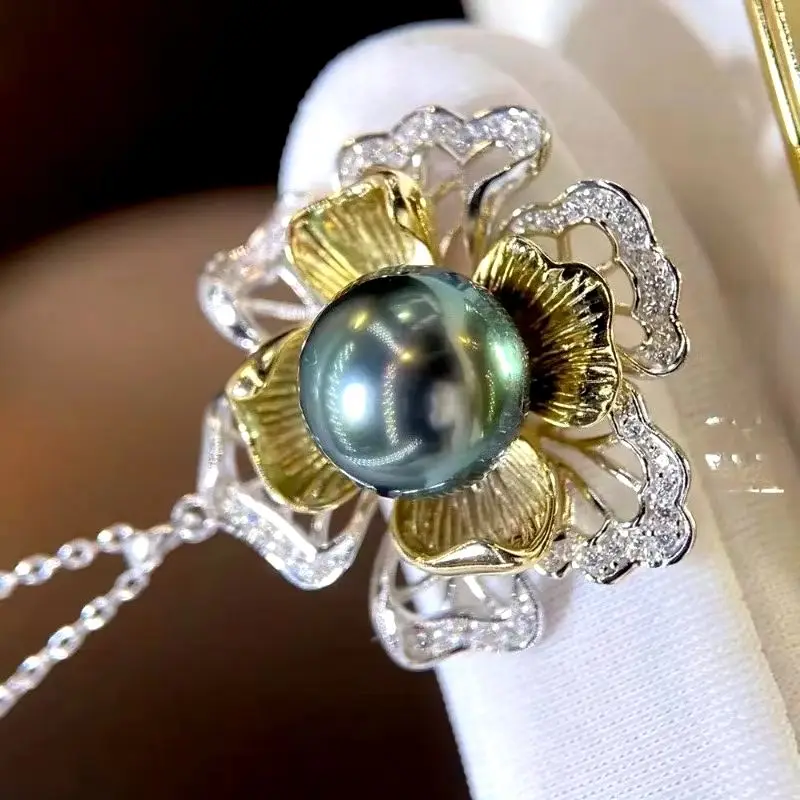 مذهل AAAAA +++ 9-10mm قلادة تاهيتي مستديرة من اللؤلؤ الأسود والأخضر 925s-