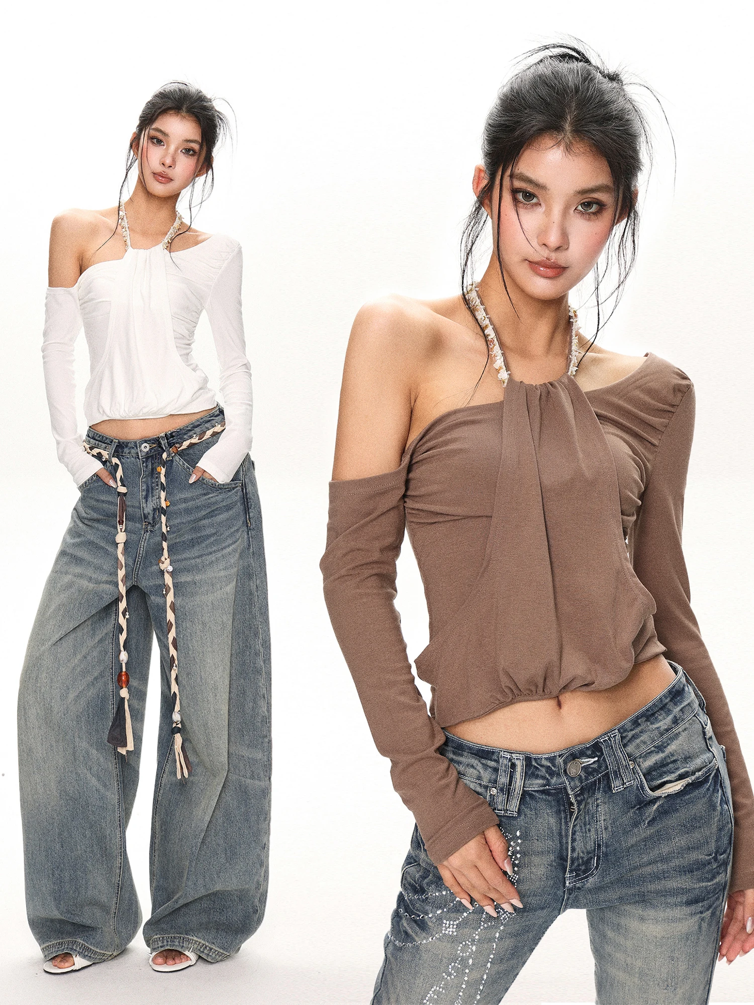 

Style Spicy Girl Hanging Neck Shoulder Bared T-Shirt Women's Spring American Fold Design Slim Fit Shoulder Bared Top