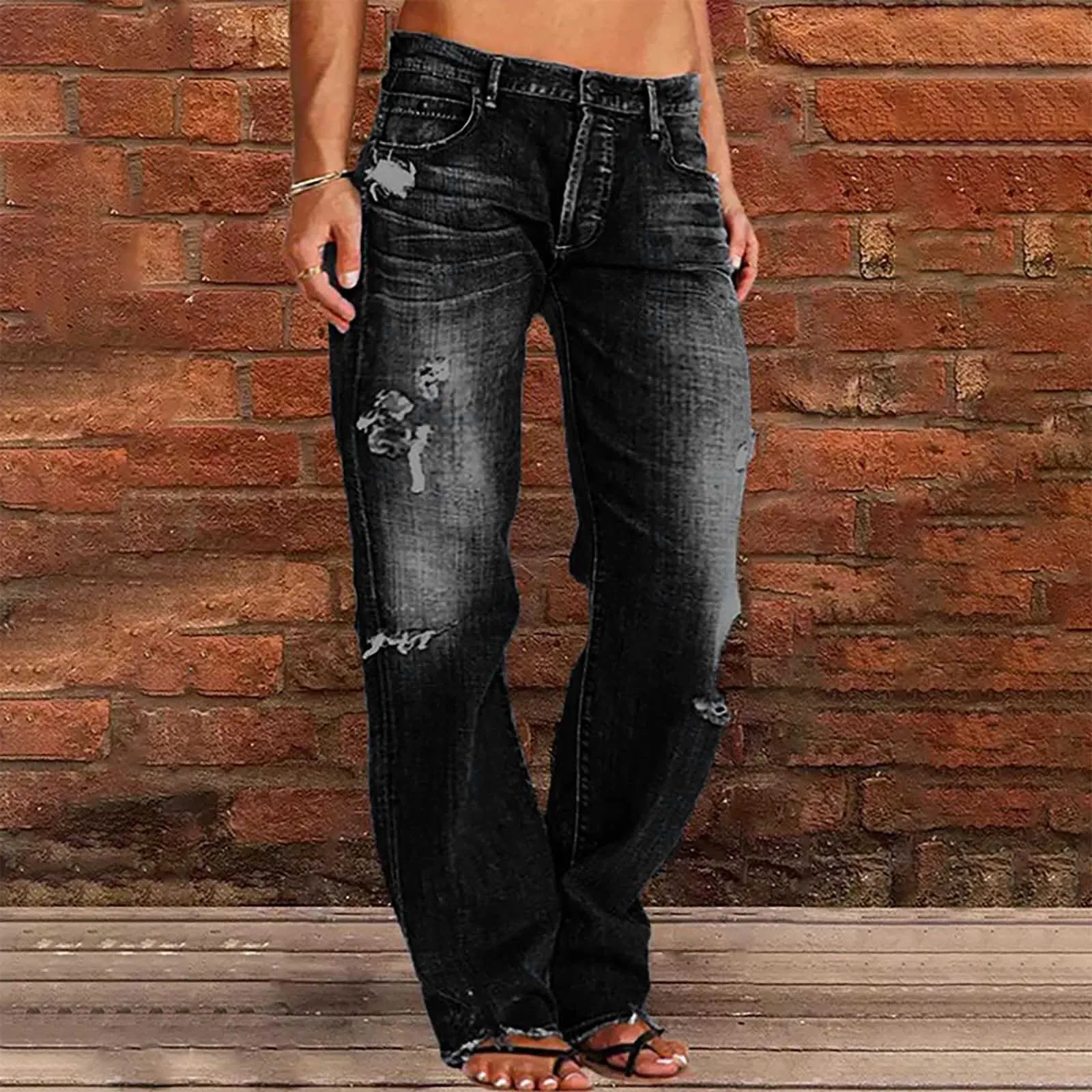 

Faionable Women's Denim Jeans Trendy Distred Mid-Waist Hole Casual Straight Leg Long Pants Cotton Folded Spring Season