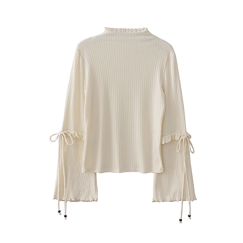 

Women Autumn Top Retro Sweet Knit Wood Ear Strap Half High Collar Gentle T Shirt Bottom Shirt