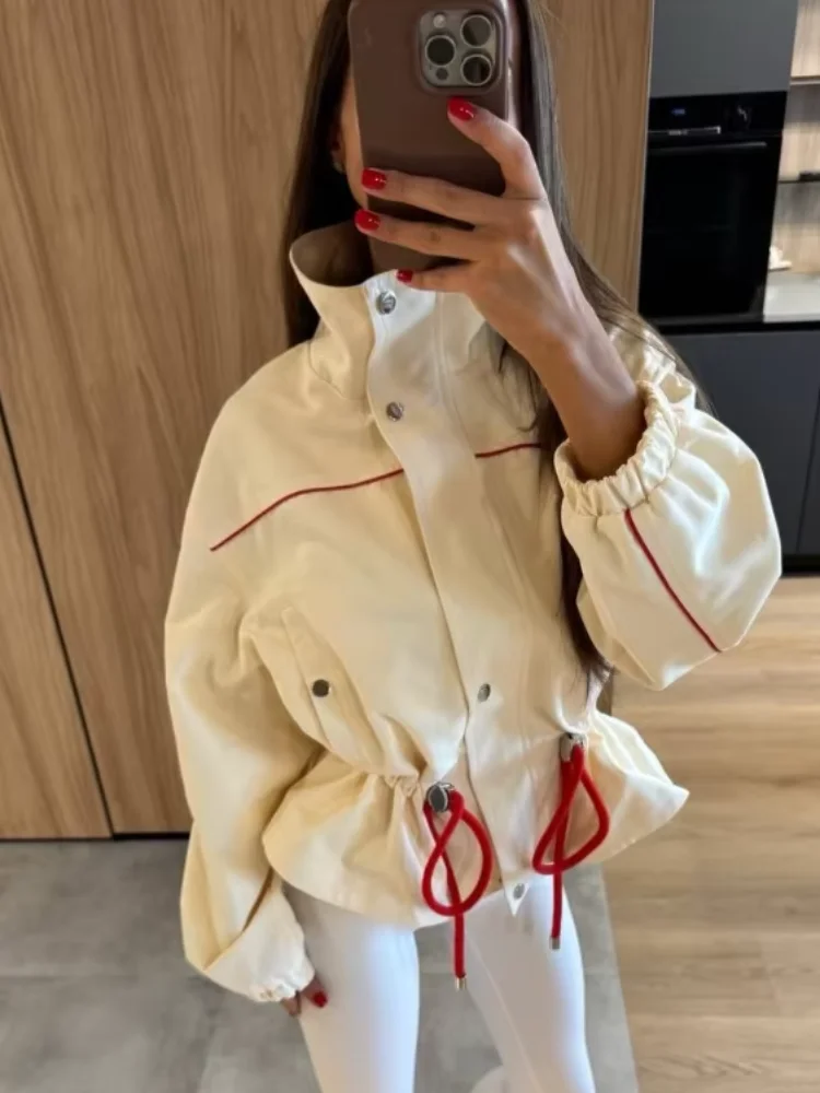 Women Fashion Drawstring Short Jacket Lapel Long Sleeve Single Breasted Slim Coat Spring Fall Daily Street Outfit New