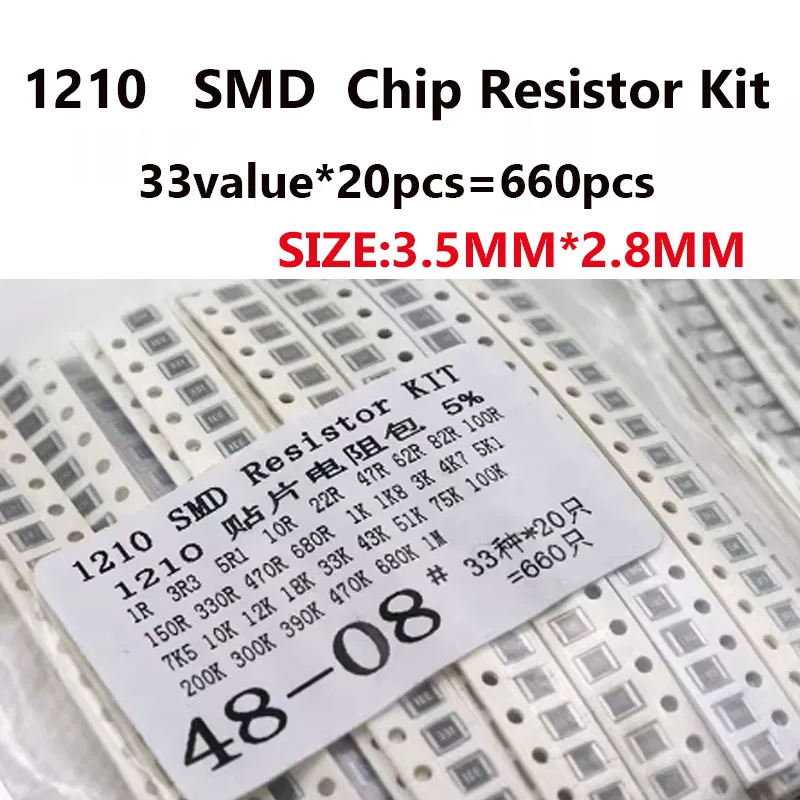 Packs de résistances à puce 1210, coordinateur, précision 5% SMD 1R à 1M Ohm, 33 types, 20 pièces au total, 660 pièces