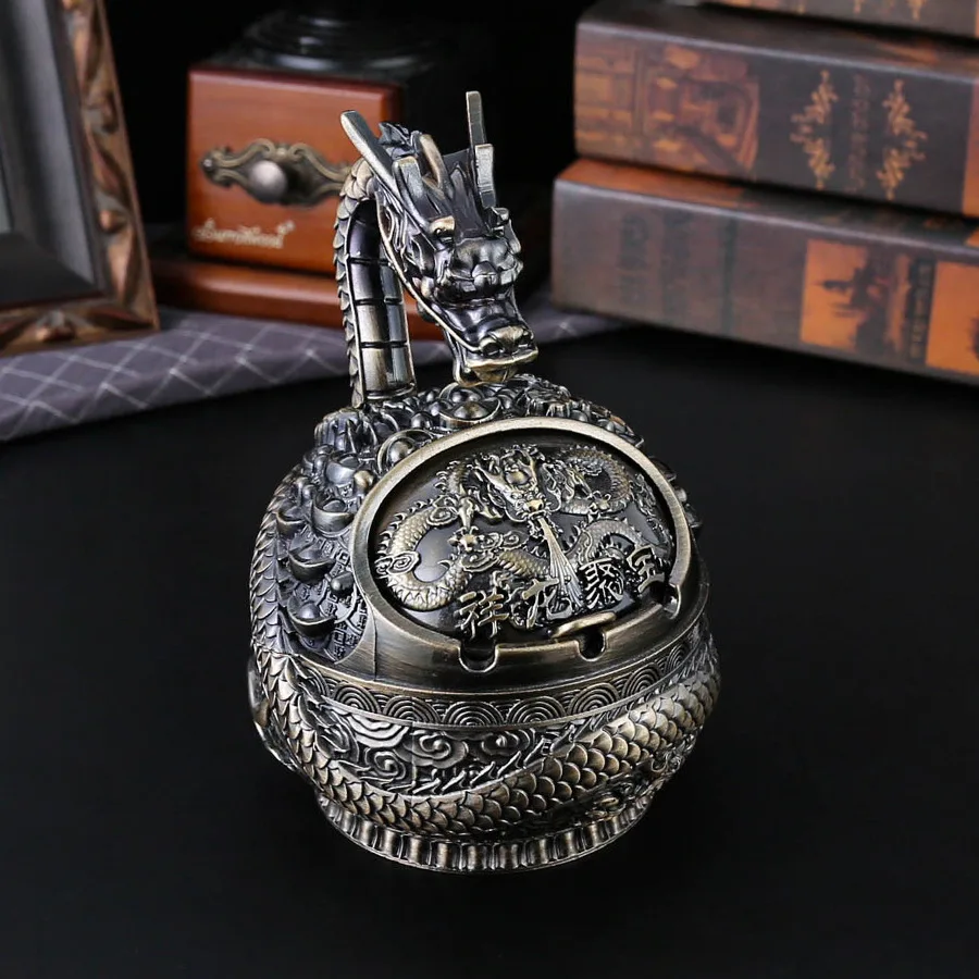 Zodiac retro ashtray, with cover, windproof, ash-proof, fly-proof, drop-proof household, side ashtray ornament