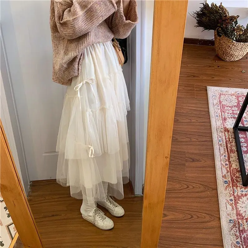 Sweet Mesh Skirts Women Girlish Bow Design Harajuku Chic Ins Mujer Faldas Casual Cute Summer Stylish Holiday Lovely Korean Style