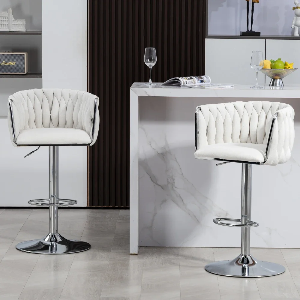 360° Swivel Bar Stools Set of 2, Height Bar Chairs with Woven Back Footrest,chromed Bar Stools Kitchen Cafe Pub Gray Stool Chair