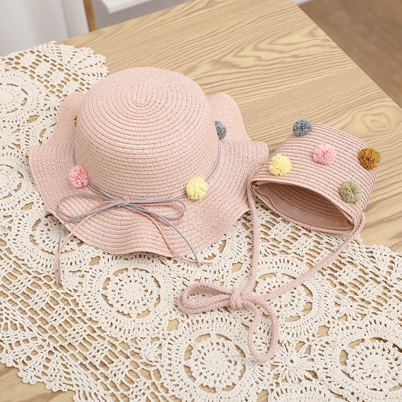 Kids Girls Large Wide Brim Straw Woven Sunshade Beach Hat Colorful Pompom Ball Summer Floppy Sun Cap Handbag for Girls Baby