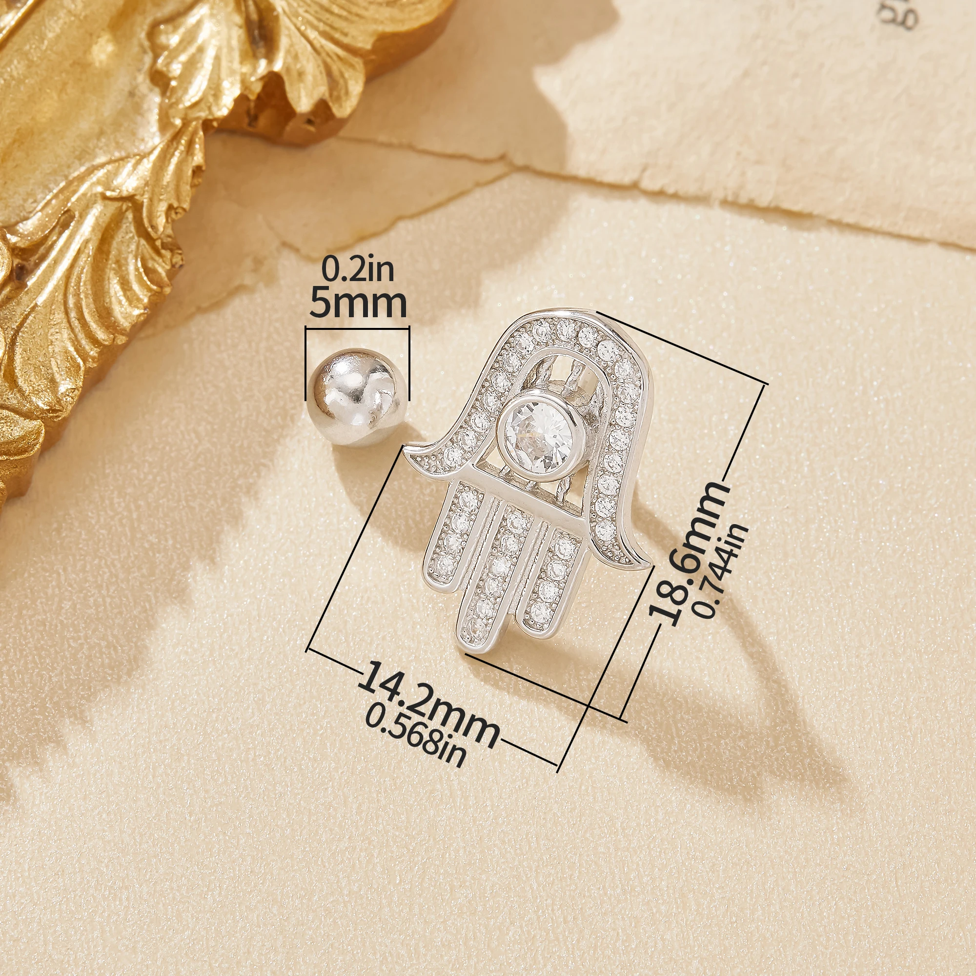 Chic Sparkling Hamsa Hand Solid 925 Sterling Silver Belly Button Ring Body Piercing Jewelry Navel Bar Curved Barbell 6710042