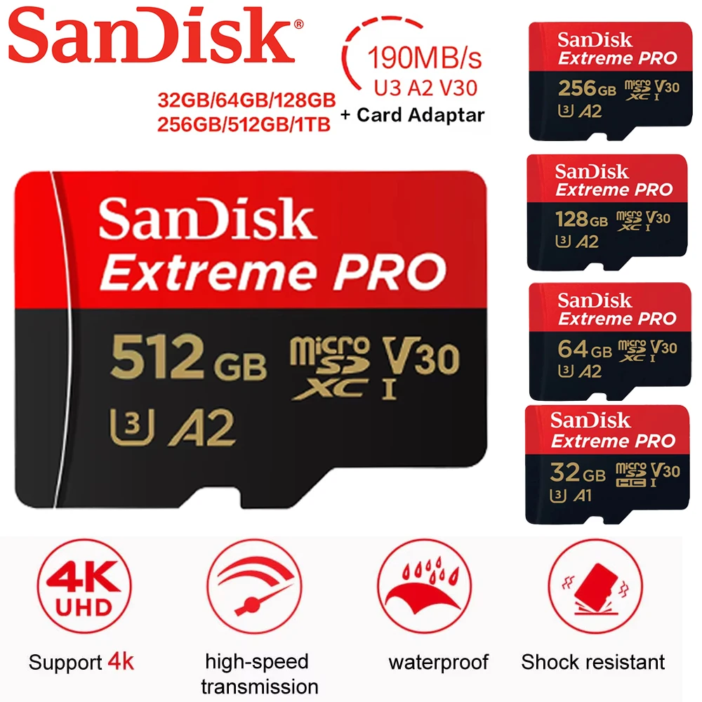 Sandisk Extreme PRO Card 32GB 64GB Original 128GB 256GB 512GB 1TB V30 Micro SD Card Class 10 UHS-I U3 Memory Card