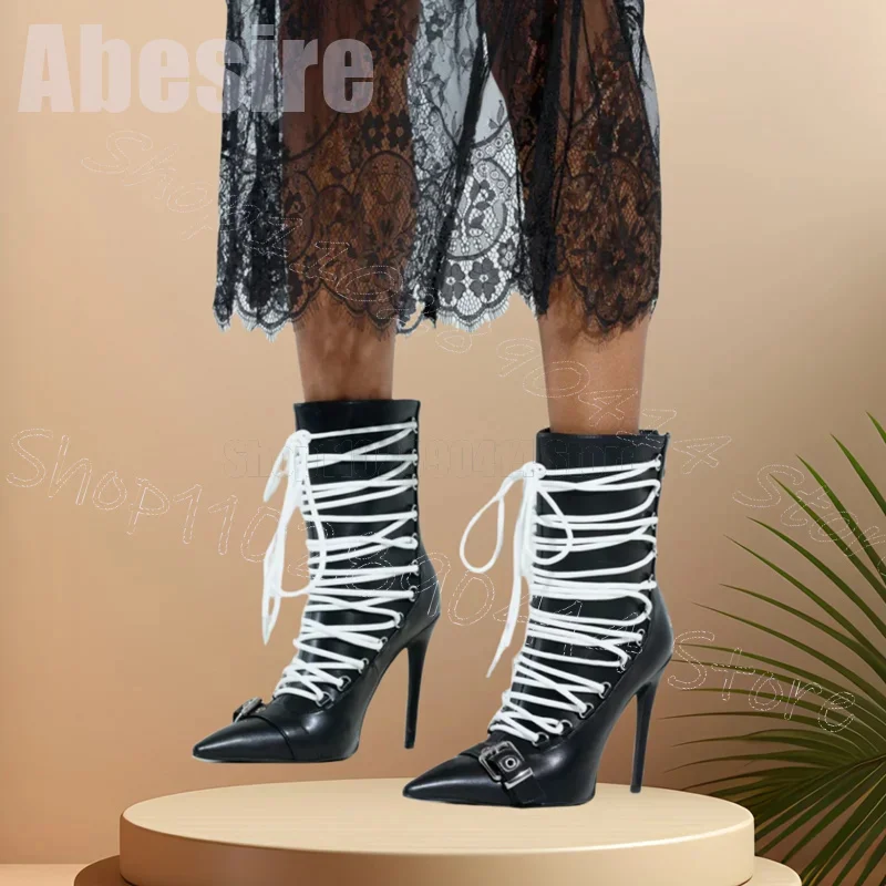 White Strappy Black Buckle Pointed Toe Boots Back Zipper Women Shoes Thin High Heels Party Feast Dating 2025 Zapatos Para Mujere