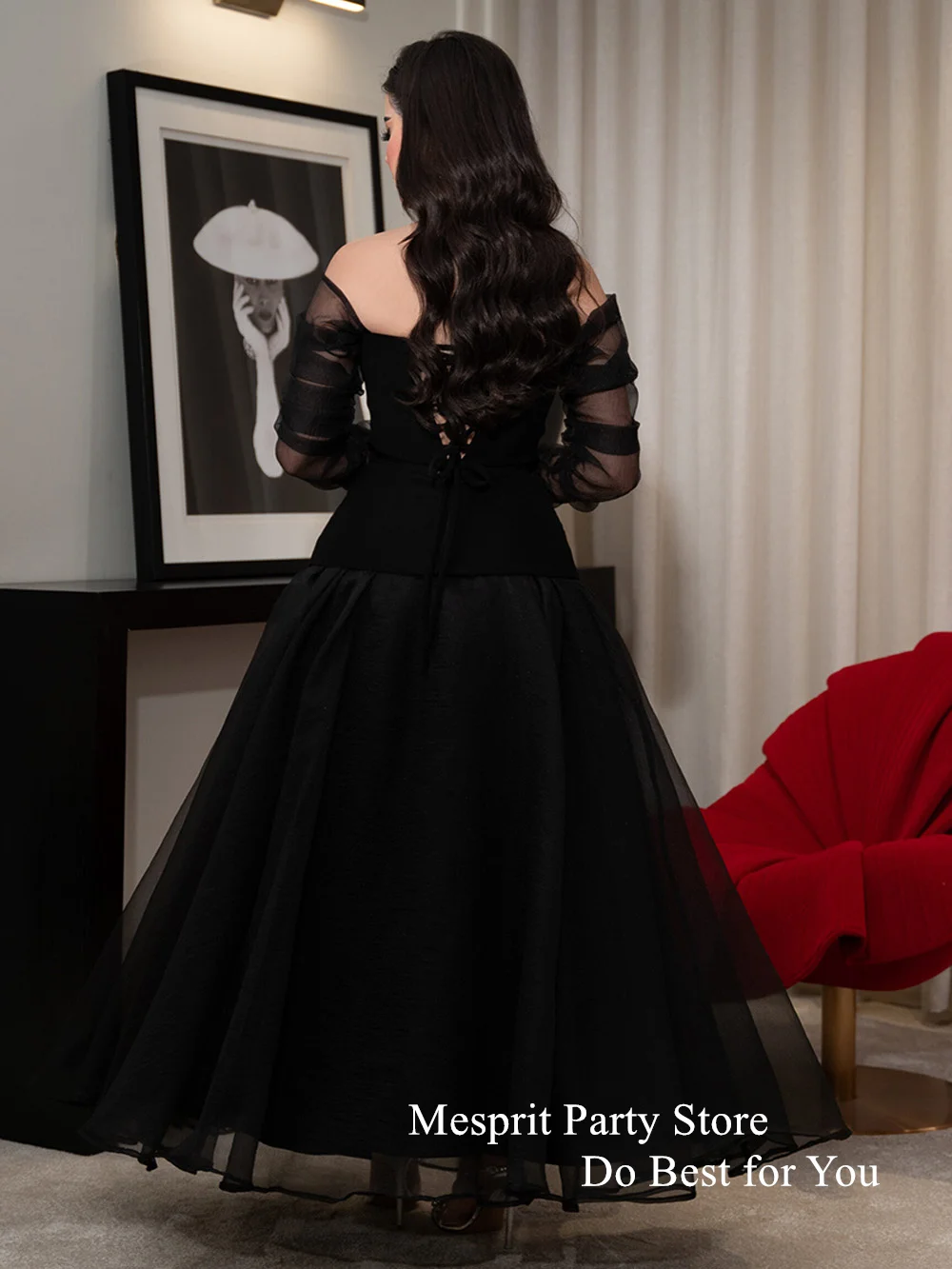 Mesprit Black Prom Dresses Long Sleeves Boat Neck Stones Ankle Length Corset Dubai Party Gown Arab Woman Evening Dress