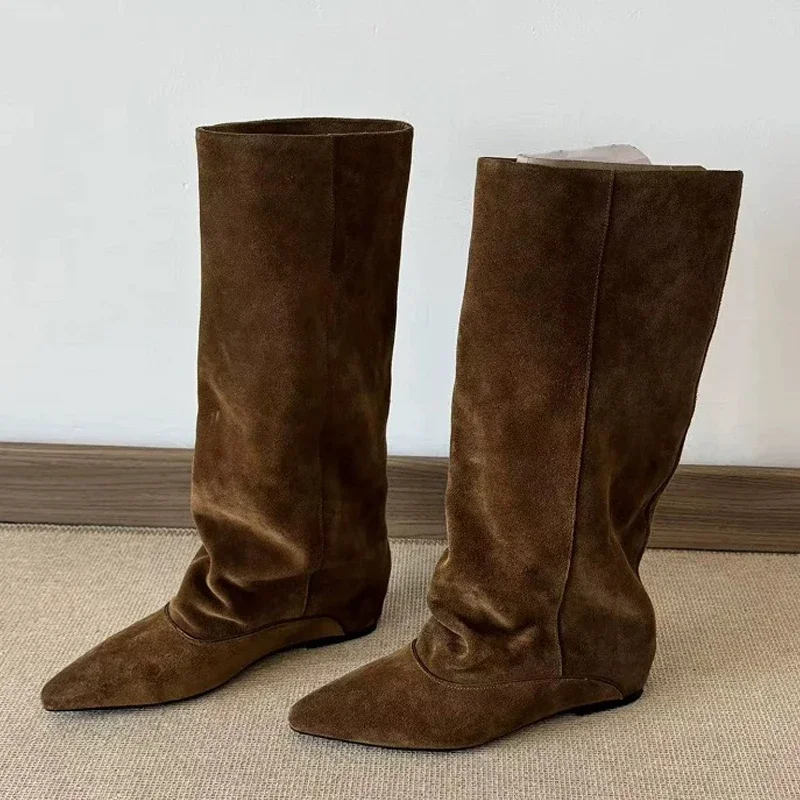 

Aneikeh Autumn Winter Fashion Pointed Toe Designer Splicing Pleated Women Knee-High Boots Square Low Heels Shoes