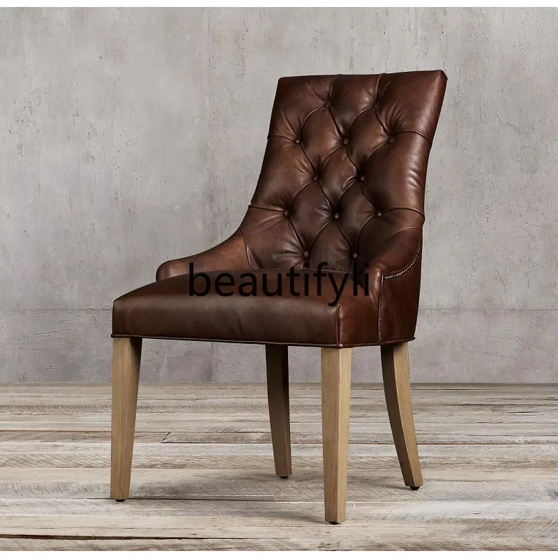 

Light Luxury Leather Office Chair french Country retro Solid Wood Dining Chair American Minimalist Book Chair