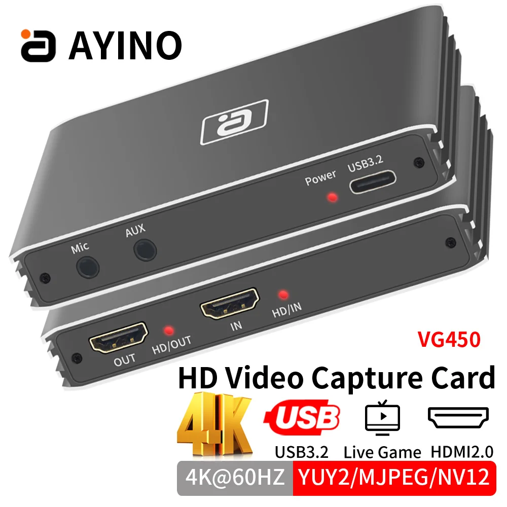 AYINO USB 3.2 비디오 캡처 카드, HD YUY2 USB 루프아웃, HDMI 호환, 오디오 마이크 레코드 라이브 스트리밍 방송 TV, 4K60HZ 