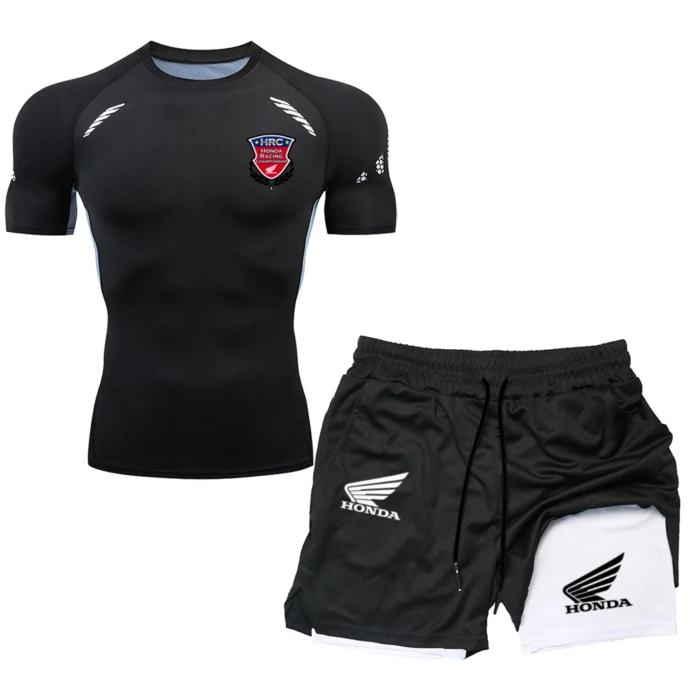 Honda HRC co branded men's tight fitting quick drying sports T-shirt+shorts two-piece motorcycle riding suit