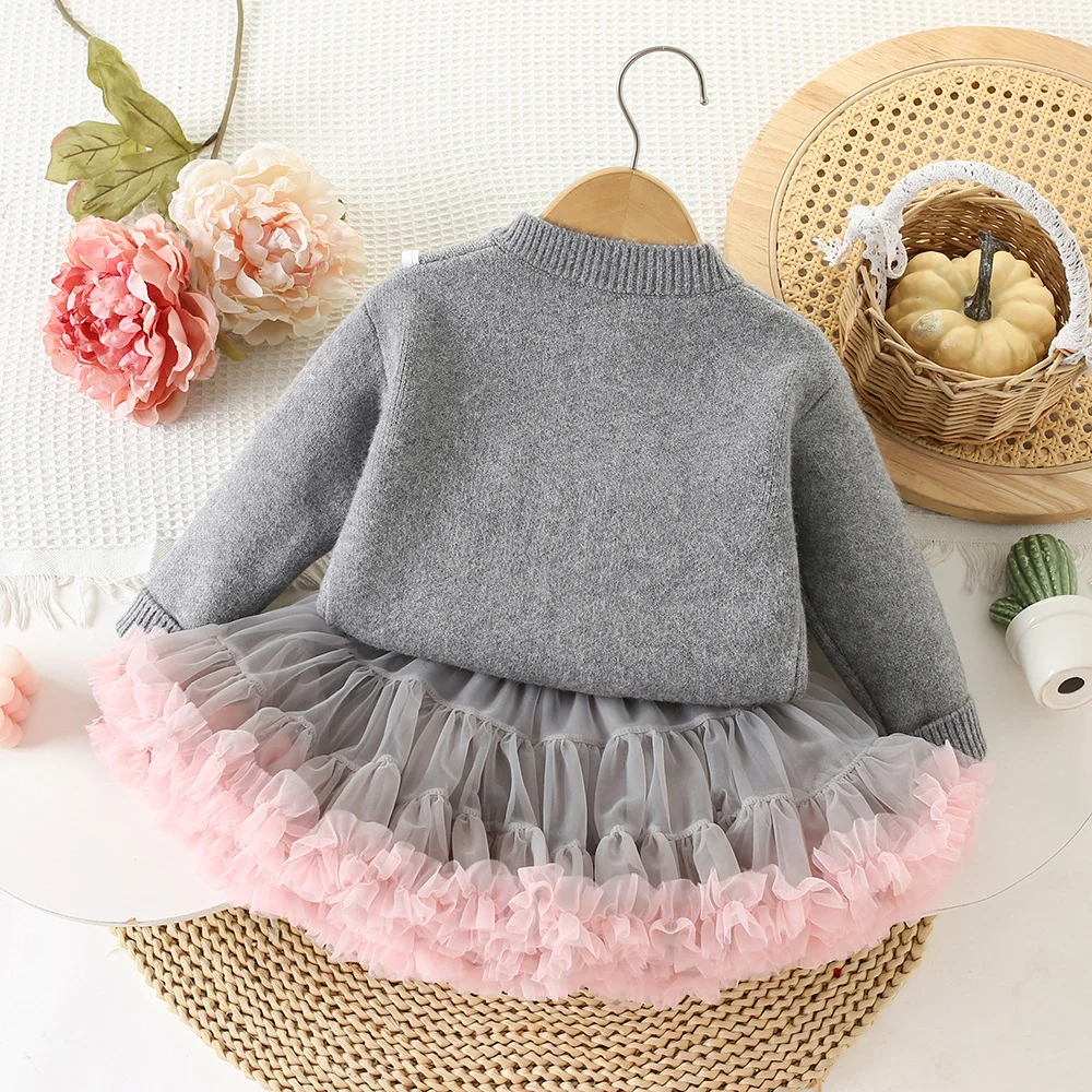 أطفال بنات لطيف سترة + تنورة لامعة مجموعة أزياء حساسة الأميرة الكورية طويلة الأكمام الانحناء الحياكة سترة معطف عالية الخصر A-l