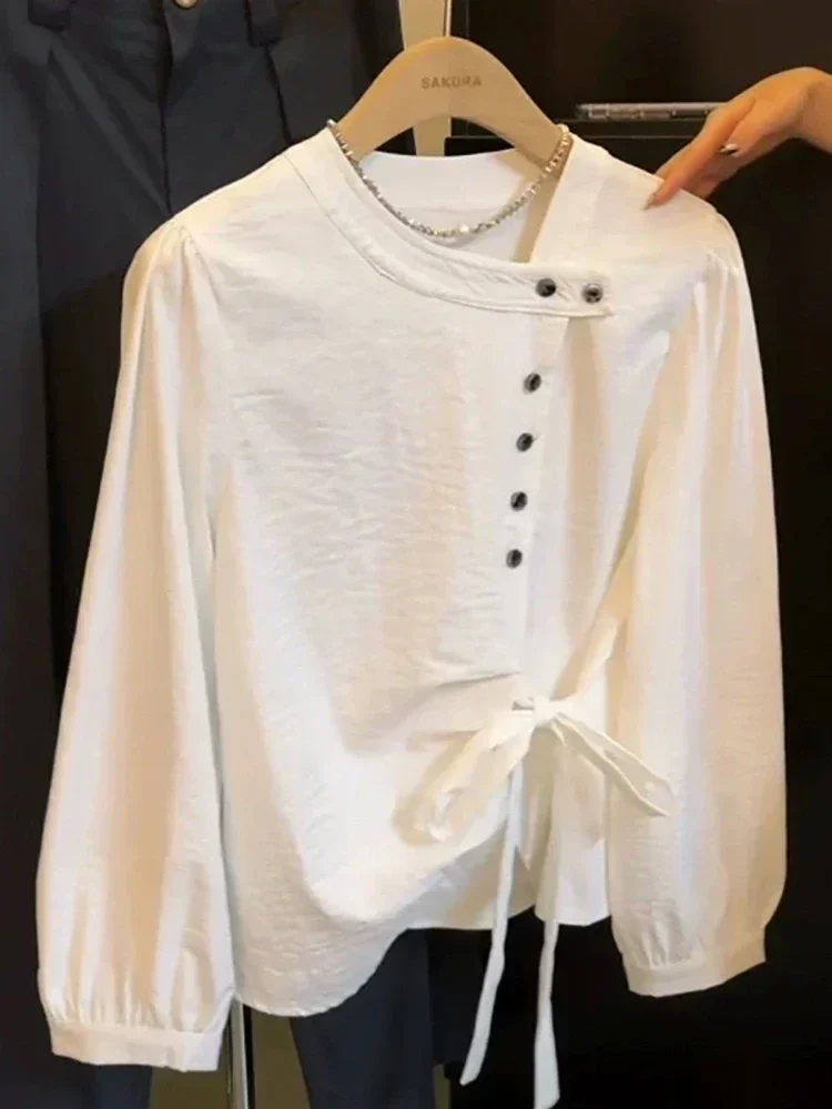 

Irregular Women Shirts&blouses Lace Up Bows Spring Autumn Sweet Simple Blusas Mujer Korean Fashion Chic Camisas