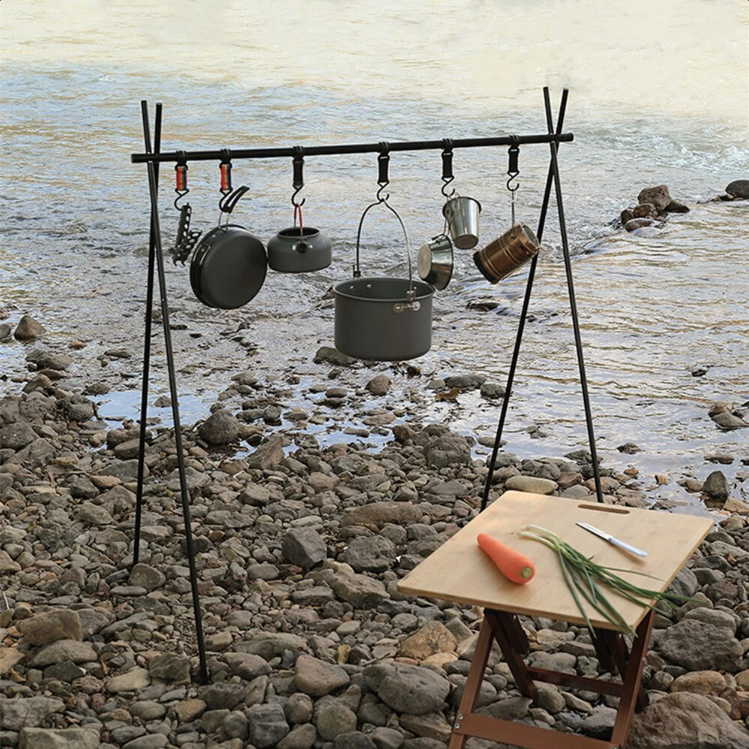 Outdoor Camping Hanging Rack Folding Tripod Foldable With Hook Cookware Pan Pot Lamp Clothes  Hang Stand Portable