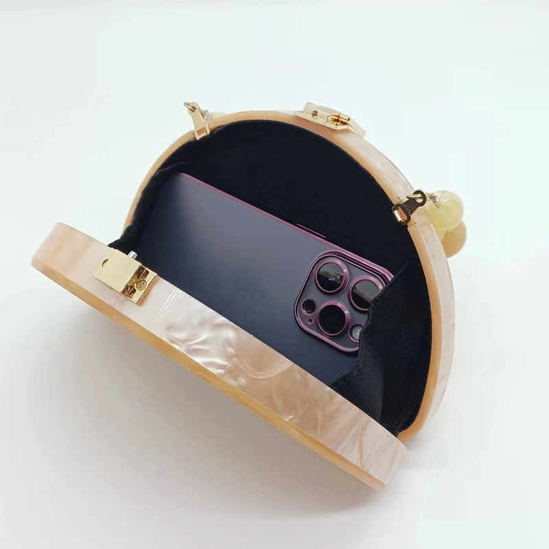 Luxury Designer Acrylic Evening Bag Fashion Semicircle Chain Handbag Solid Champagne Clutch Purse Wedding Party Crossbody Wallet