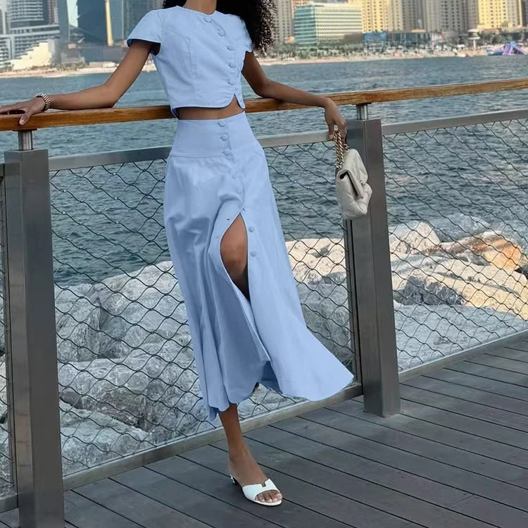 

Faionable Round Ne ort Sve Комплект из топа и юбки с высокой талией Женский костюм из двух предметов Осенний сезон Slim Fit Sle