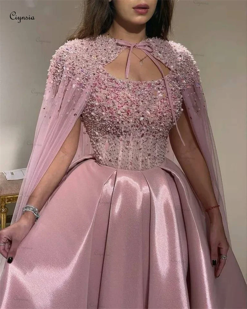 Ciynsia-Robe de soirée trapèze courte rose pour femme, mancherons, corsage perlé, fête formelle, robes de Rhde luxe avec cape, quoi que ce soit, arabe