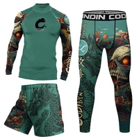 Camiseta con cuello simulado MMA No Gi Rashguard Jiu Jitsu + Pantalones, conjunto de camisetas de boxeo, pantalones cortos BJJ Muay Thai, Legging de compresión, traje deportivo