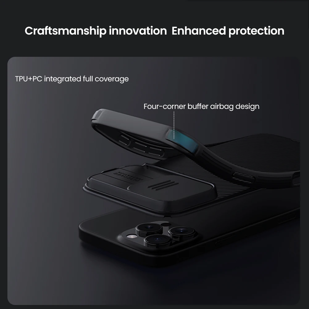 Nillkin Etui CamShield Pro do iPhone 14 15 16 Pro Max/15 Plus 14+ z zabezpieczeniem przed upadkiem, poduszką powietrzną, osłoną na obiektyw i przesuwaną osłoną ochronną. — zdjęcie produktu 3