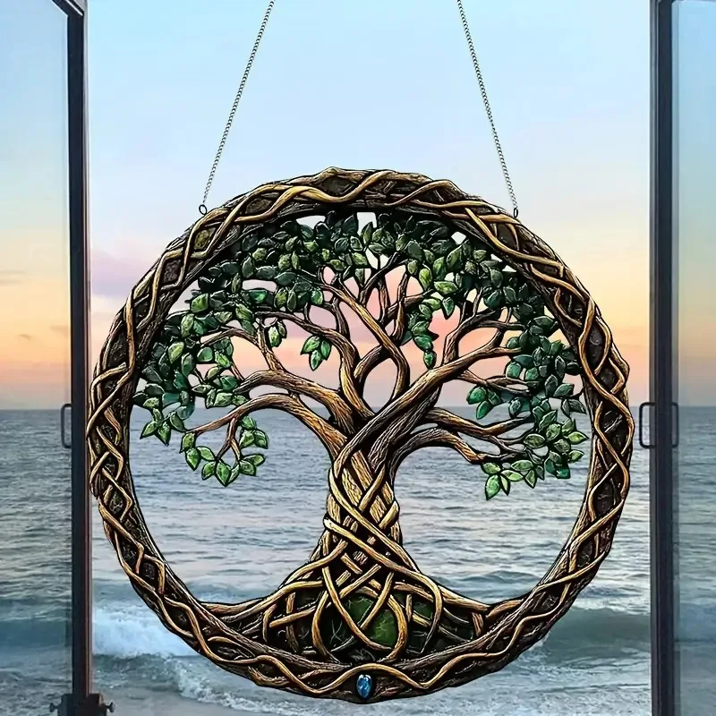 Tree of Life Theme Acrylic Sun Catcher- Window Hanging Decor with Stained Glass Appearance for Multi-Scene Decor Perfect festiva