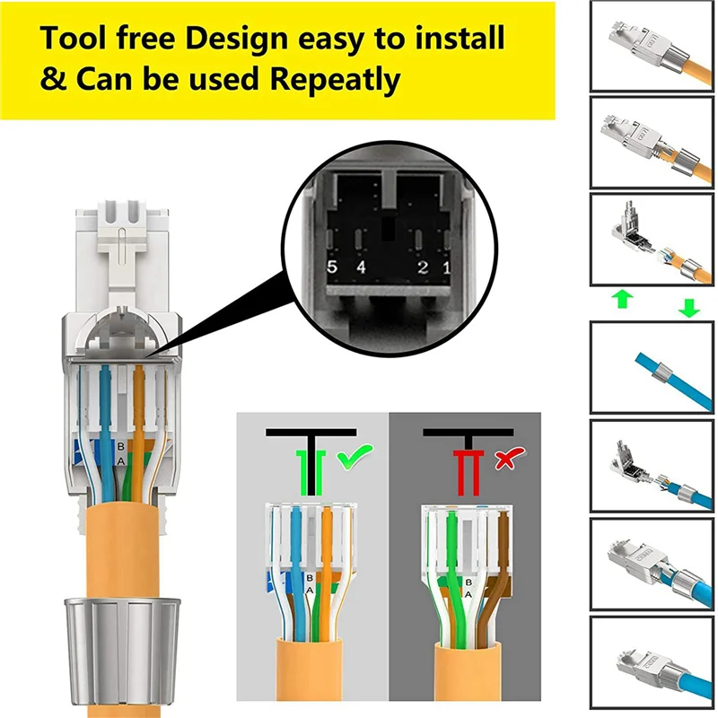 6 Pcs For RJ45 CAT7 Connectors Tool Free Shielded Toolless Modular Network Plug For Installation Cable