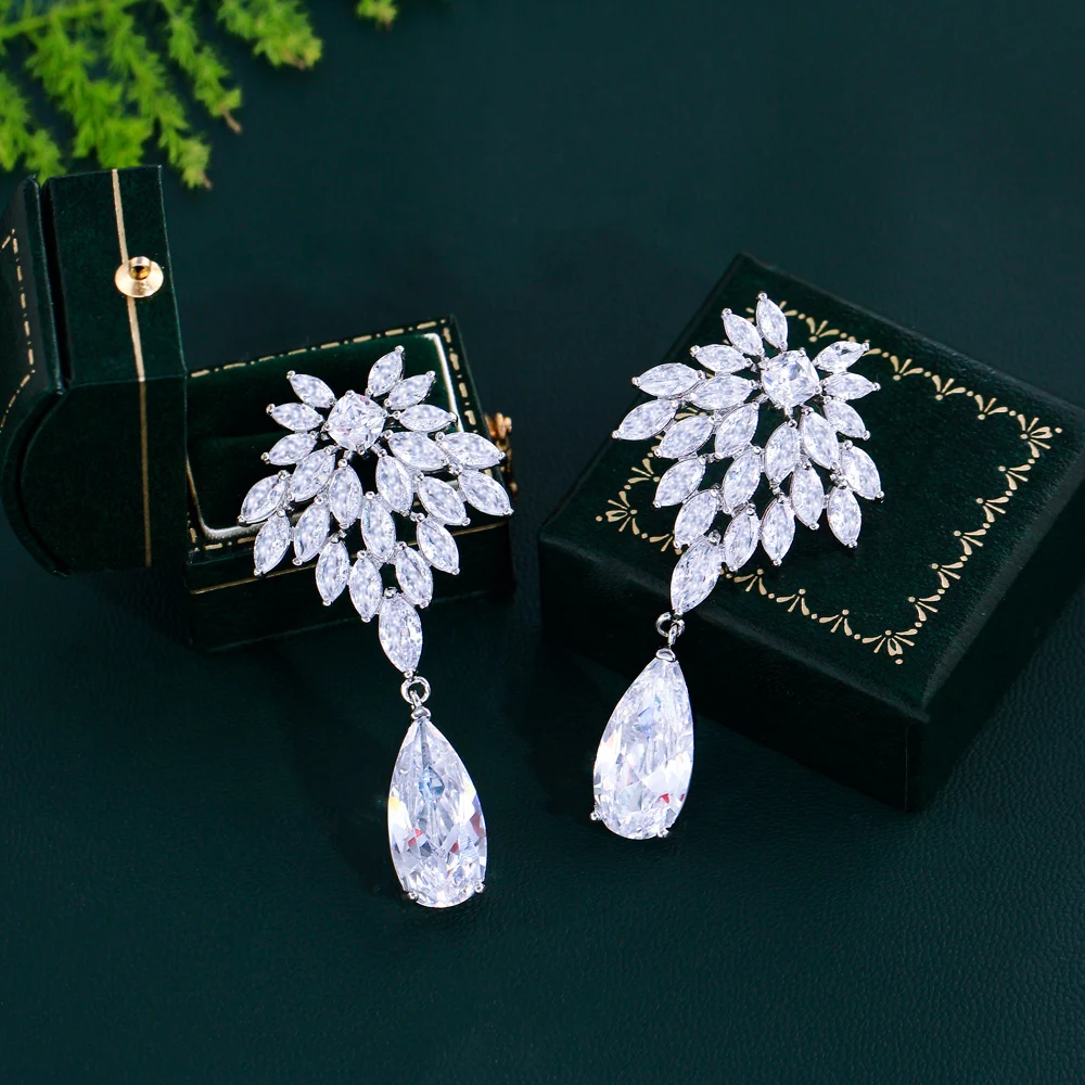 CWWZircons Shiny White Marquise Cut Cubic Zirconia Long Leaf Drop Dangle Earrings for Women Wedding Engagement Party Wear CZ732